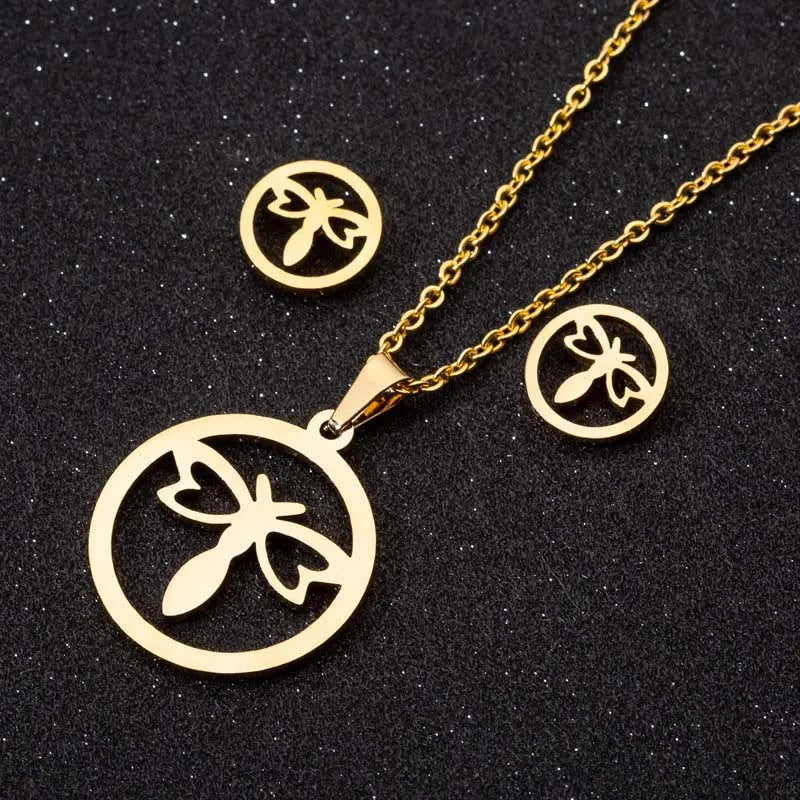 High Quality Silver 18K Gold Plated Stainless Steel Women Necklace Earring Dragonfly Pendant Jewelry Set