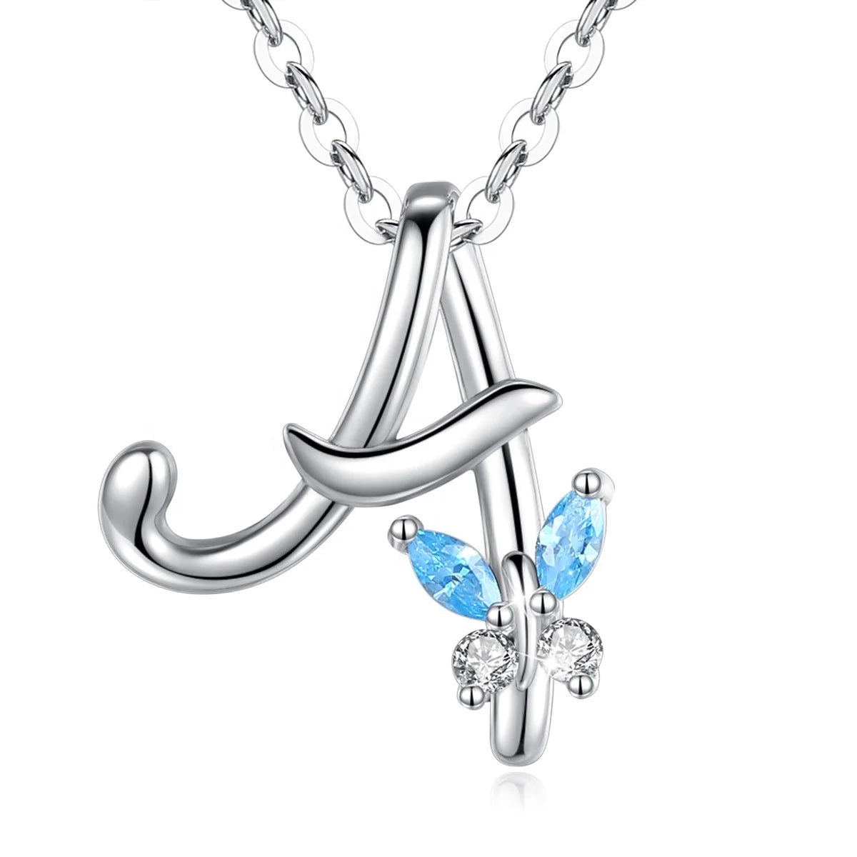 925 Sterling Silver Women Jewelry Blue Cubic Zirconia Butterfly 26 English Alphabet Letter Initial Pendant Necklace