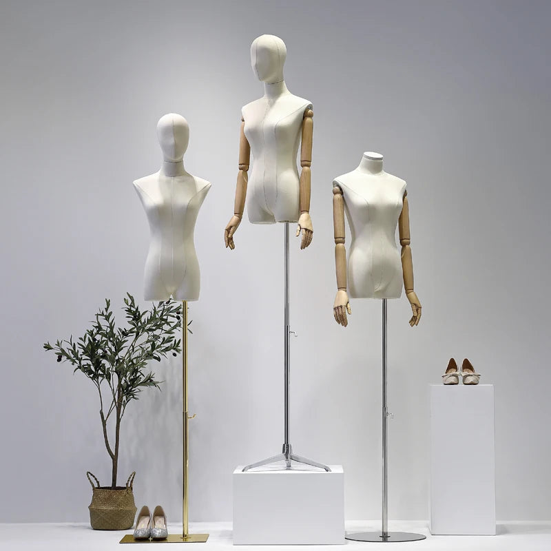 KS-2-B Fabric Cloth Cover Upper-Body Smooth Female Egg Head Dress Form Mannequin With Wooden Arms and Hands