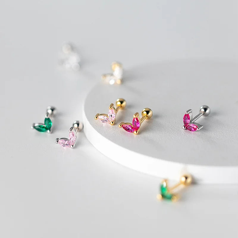 Korean Simple Fashion 925 Sterling Silver Colorful Zircon Crystal Mini Small Leaf Stud Earrings for Women Girls