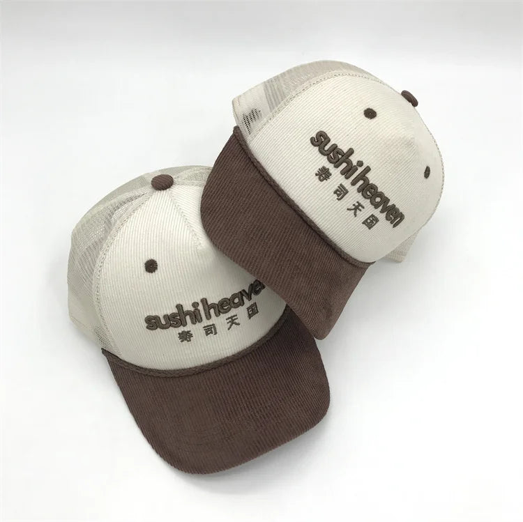 YKH Corduroy 5 Panel Trucker Hats3d Puff Embroidery Logo Snap Back Trucker Cap Trucker Hats With Front Rope