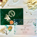 Unique Luxury Elegant Wholesale Custom Green Acrylic Wedding Card Arty Glass With Envelope Gold Foil Wedding Invitation