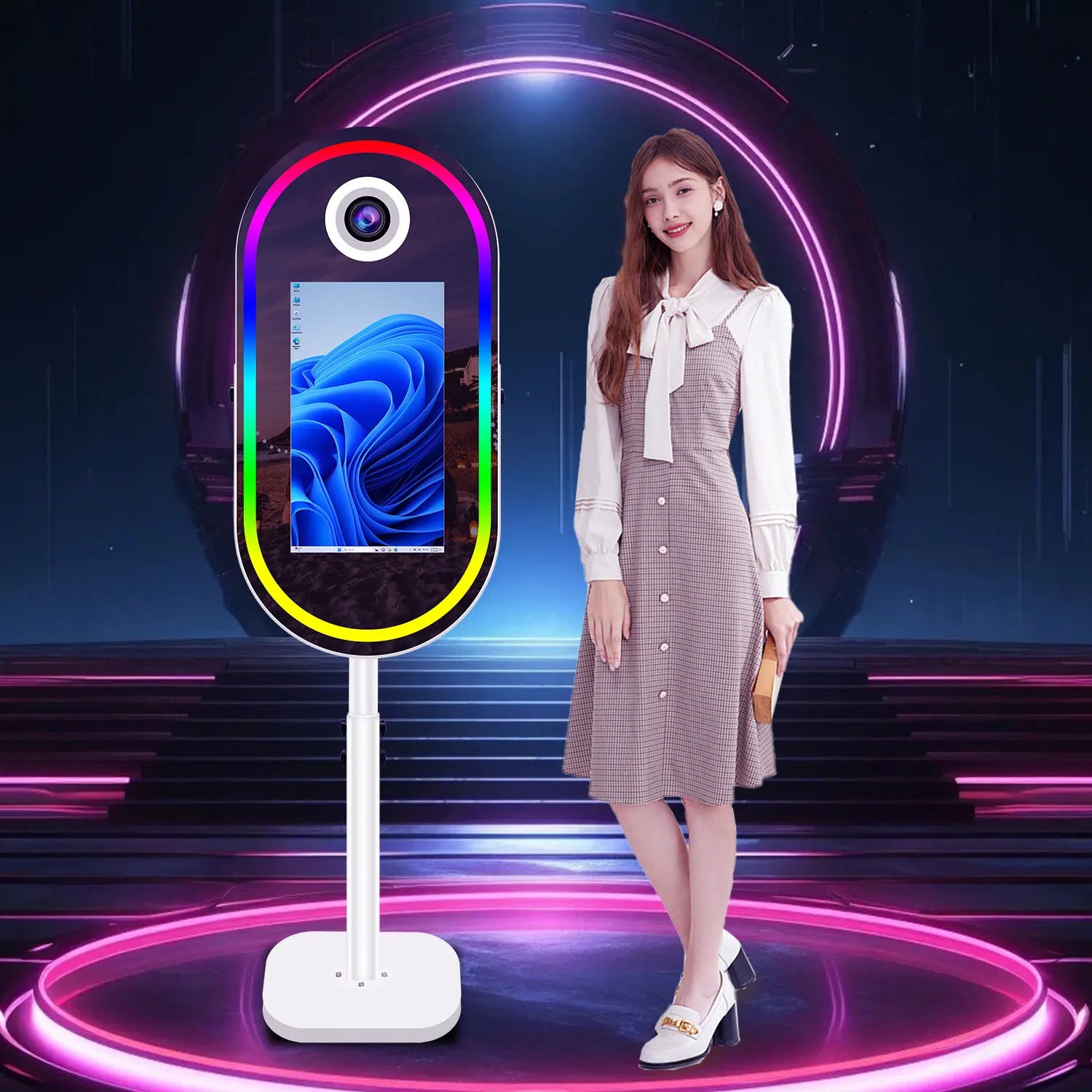 Portable Digital Mirror Photo Booth With 21.5 Inch Touch Oval Magic Mirror Photobooth Machine Selfie for Various Activities