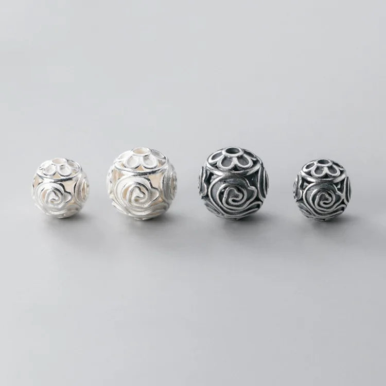 10mm 12mm Retro 925 Sterling Antique Silver Matte Hollow Flower Pattern Charm Beads for Jewelry Making Accessories