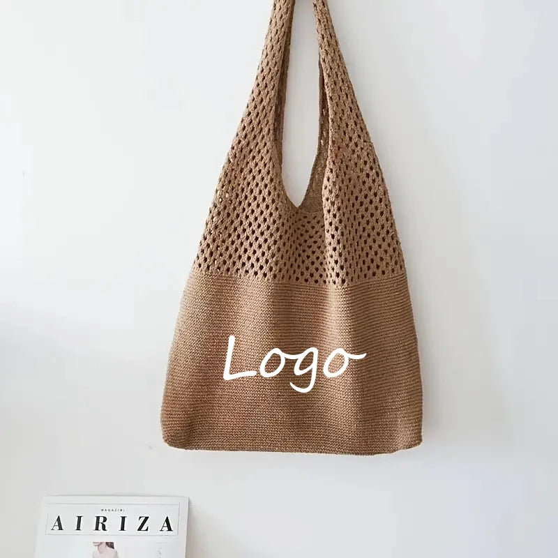 Custom Personalized Cotton Leather Gift Durable Tote Bags Wholesale Knitted Handmade Shoulder Bags Crochet Hand Woven Logo