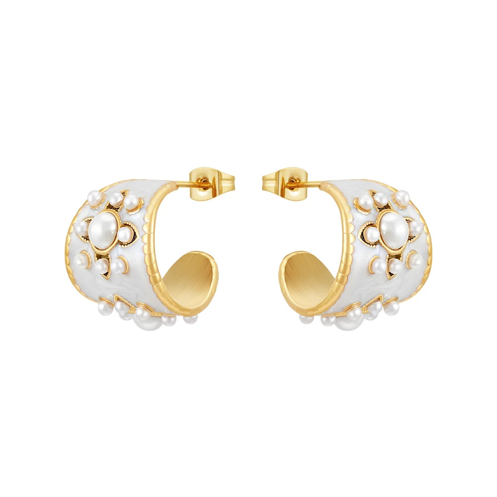 Latest 18K Gold Plated Stainless Steel Jewelry Exquisite White Epoxy Pearls Flower Hoop Earring for Women Party Earrings E231478