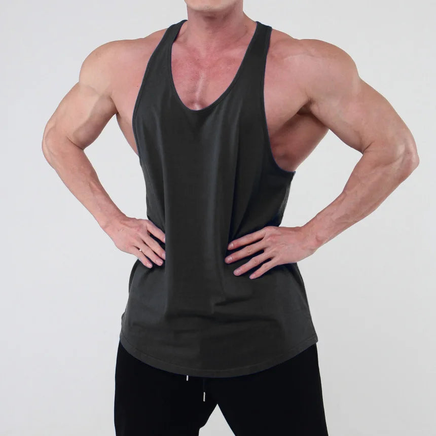 OEM Logo Gym Stringer Tank Top 100% Cotton Knitted Breathable Quick Dry Stand Collar Retro Plain Sport Body Building Fitness
