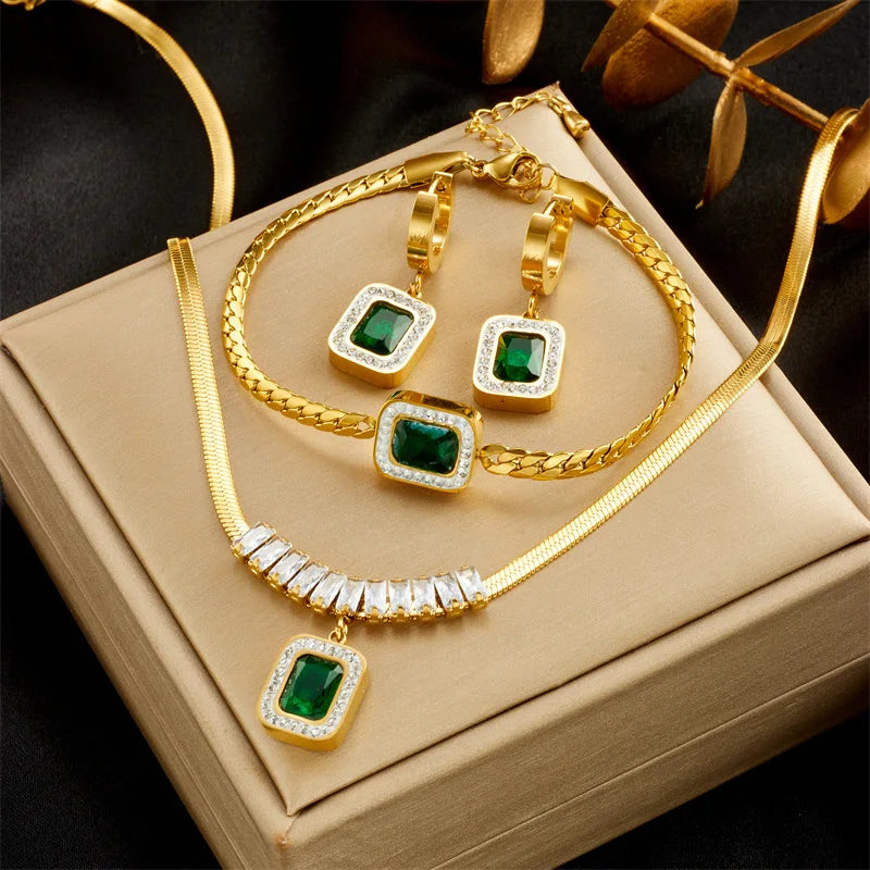 Meetyoo Hot Sale Green Zircon Necklace Green Zircon Bracelet Women Simple Stainless Steel Green Zircon Earring for Women