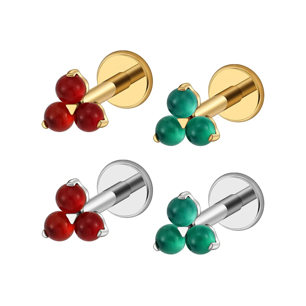 Right Grand ASTM F136 Titanium 16G Triple Dot Cartilage Earring Green Aventurine Carnelian Helix Tragus Labret Stud Piercing