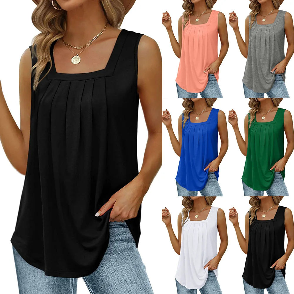 S-XXL Summer Tank Tops for Women Loose Fit Pleated Square Neck Sleeveless Tops Curved Hem