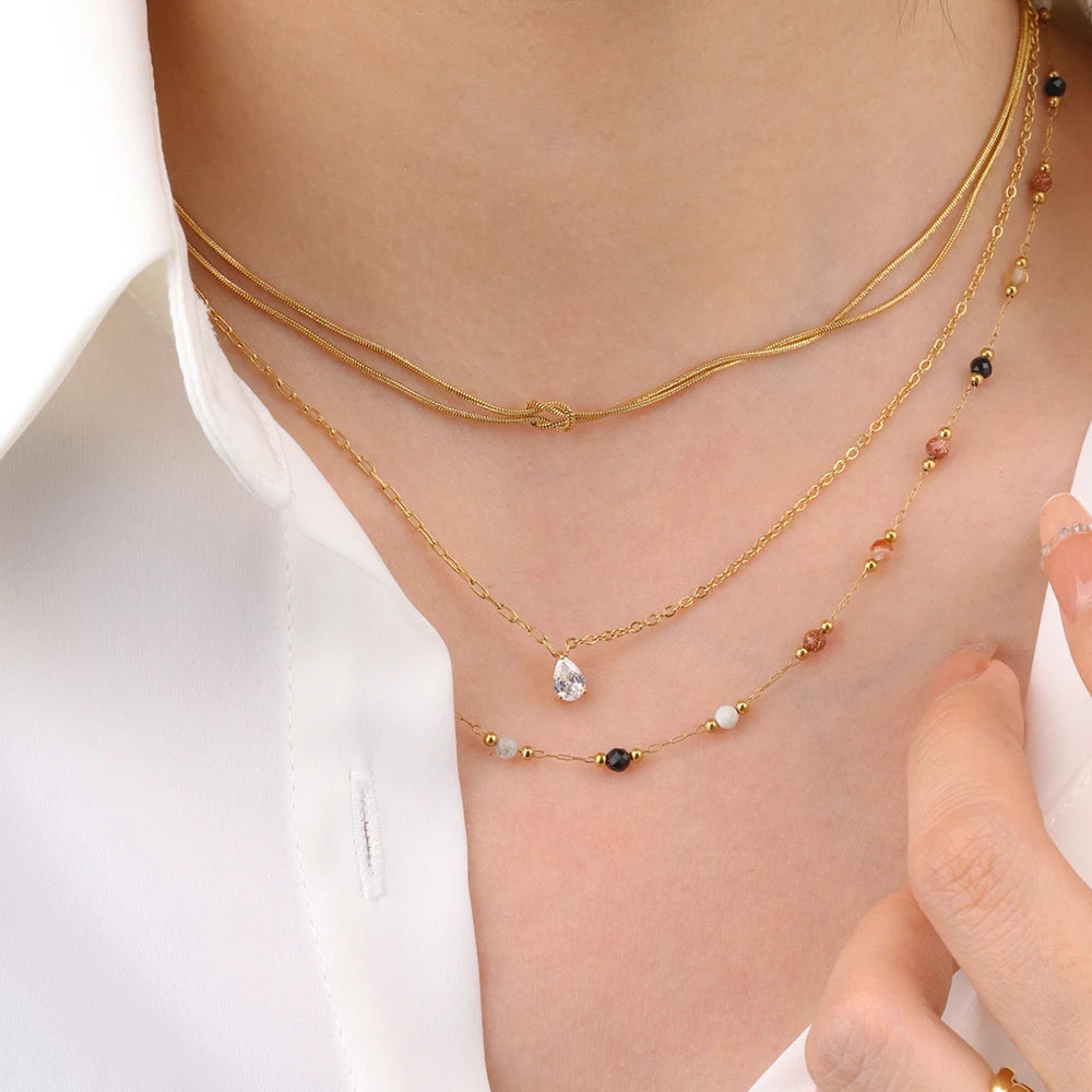Chris April Simple 316L Stainless Steel PVD Gold Plating Pear and Oval Shape Zircon Single Pendent Necklace