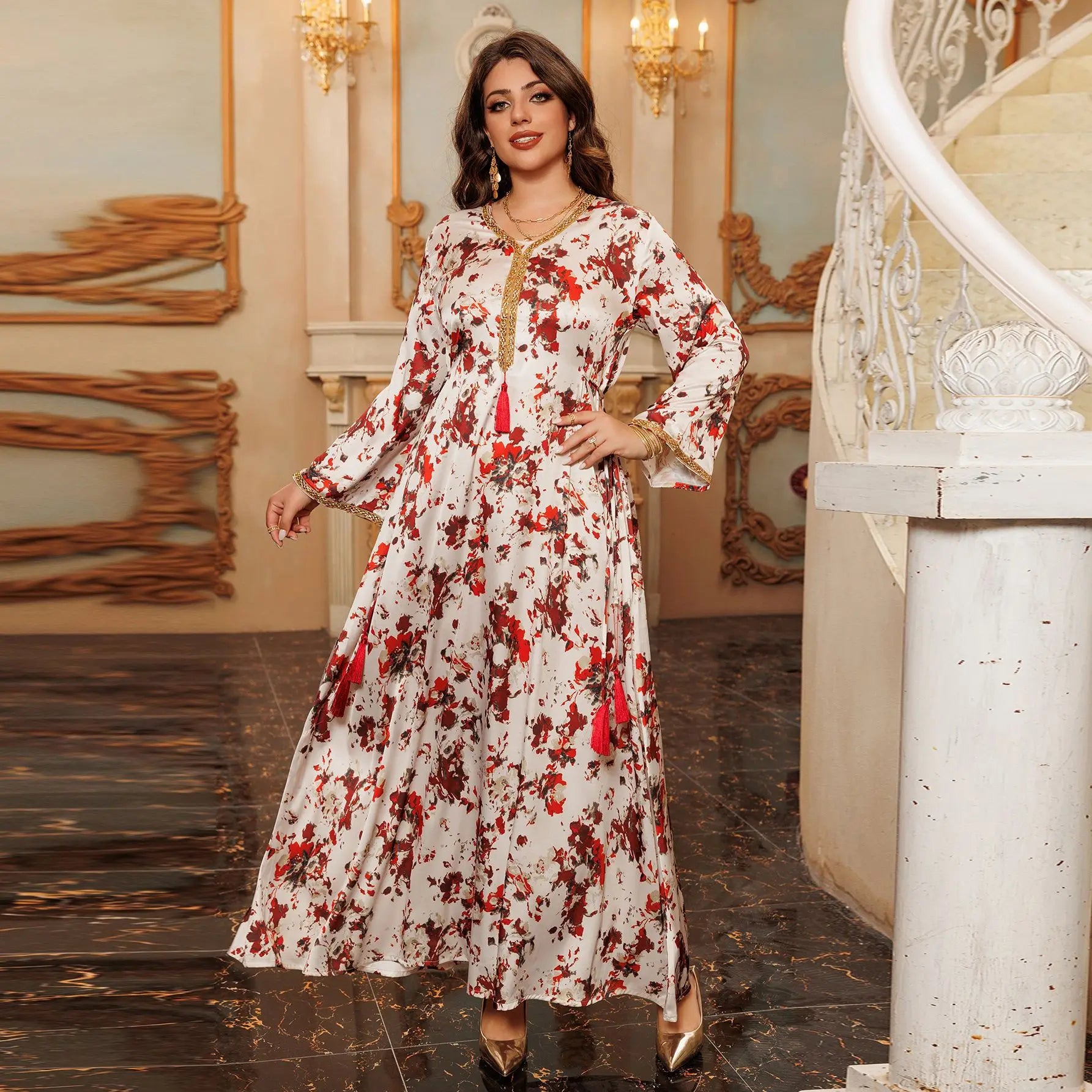 New 2025 Dubai White Red Floral Embellished Traditional Islamic Abaya for Women Saudi Arabia Gulf Muslim Modest Clothing