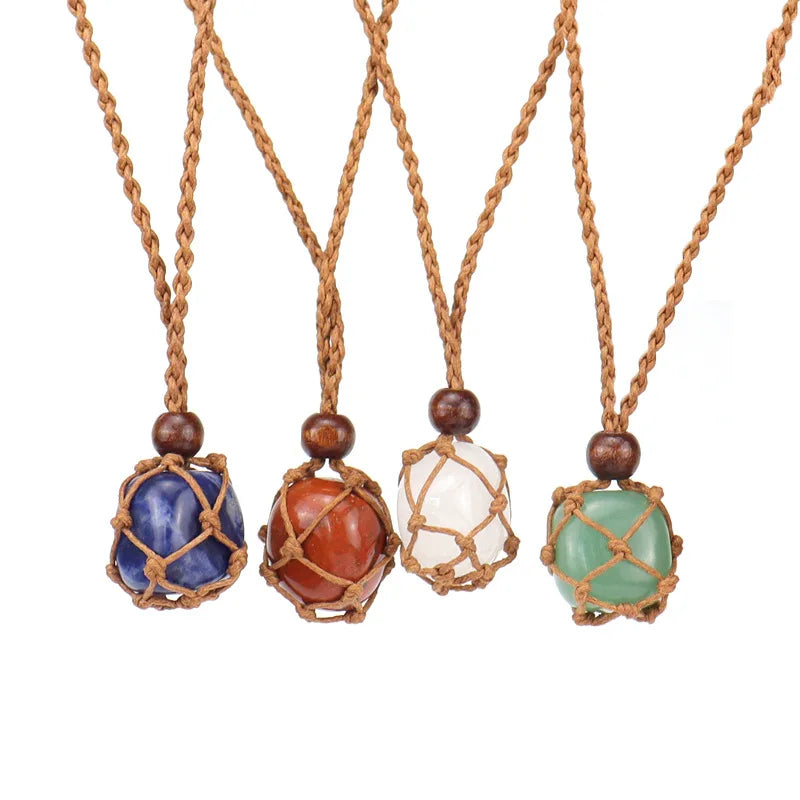 Necklace Crystal Holder with Real Tumble Crystal Stones Cord for Stone Holder Adjustable Necklace Holder Pendant Necklace Cage