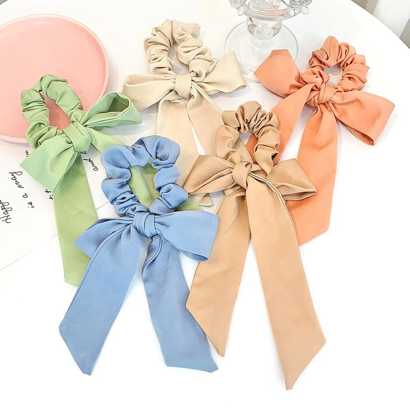 MIO Soft Satin Solid Color Bow Elastic Bowknot Rubber Band Girls Sweet Ponytail Holder Long Tail Women's Headband Hair Tie
