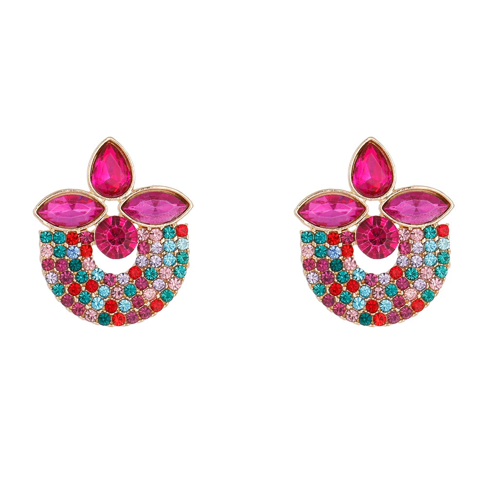 Personality Green Crystal Semicircle Stud Earrings Jewelry Color Rhinestone Geometric Earrings for Women
