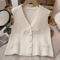 Factory Sell Chic Small Bow V-neck Sleeveless Vest Spring and Autumn New Short Knitted Vest Sweet Slim Knitted Vest for Women