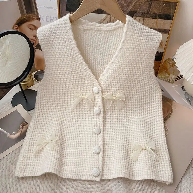 Factory Sell Chic Small Bow V-neck Sleeveless Vest Spring and Autumn New Short Knitted Vest Sweet Slim Knitted Vest for Women