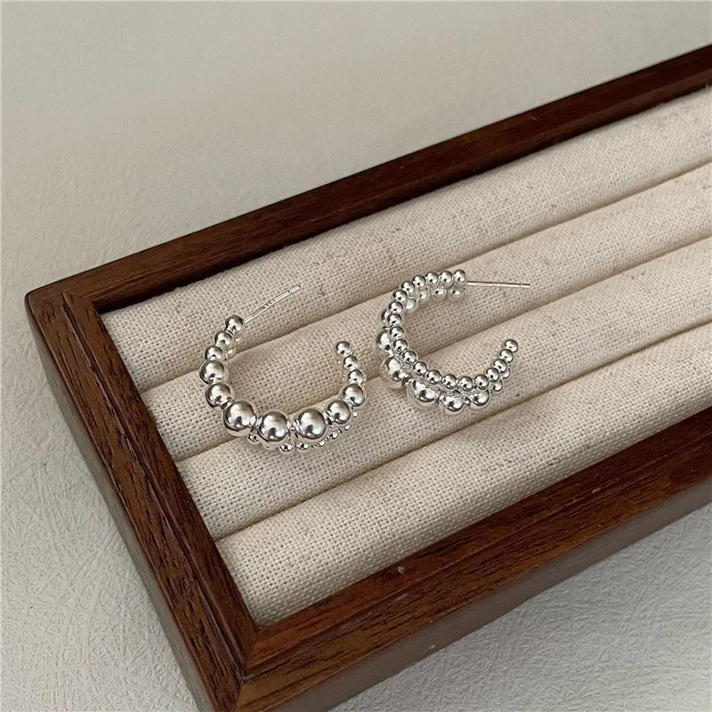 Double Layer Small Big Round Beads 925 Sterling Silver Chunky Stud Earrings for Women Fine Jewelry