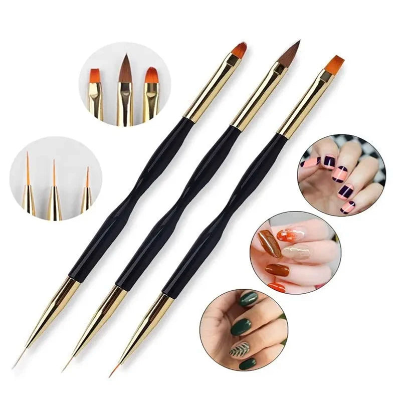 3PCS Multifunction Nail Art Liner Brush Detailer Painting Stripes Drawing Pen Double Head Gel Acrylic Nail Brushes for Nail Tool