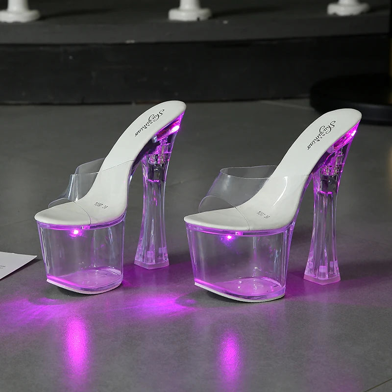 Hot Selling Pole Dance Ladies slippers and Sandals Night Club Summer Platform Shoes Flash Light High Heel Luxury slippers