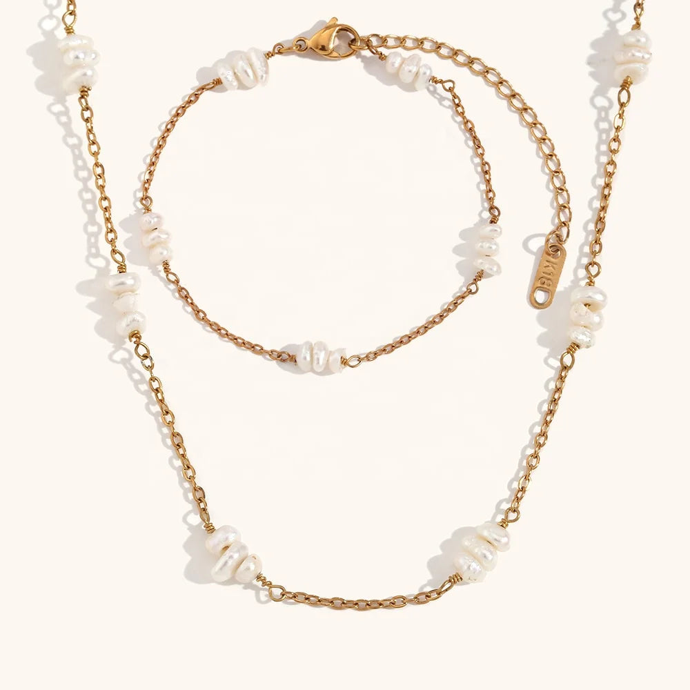Dingran Jewelry Set Freshwater Pearl Handmade Chain Necklace and Bracelet Stainless Steel Waterproof Jewelry