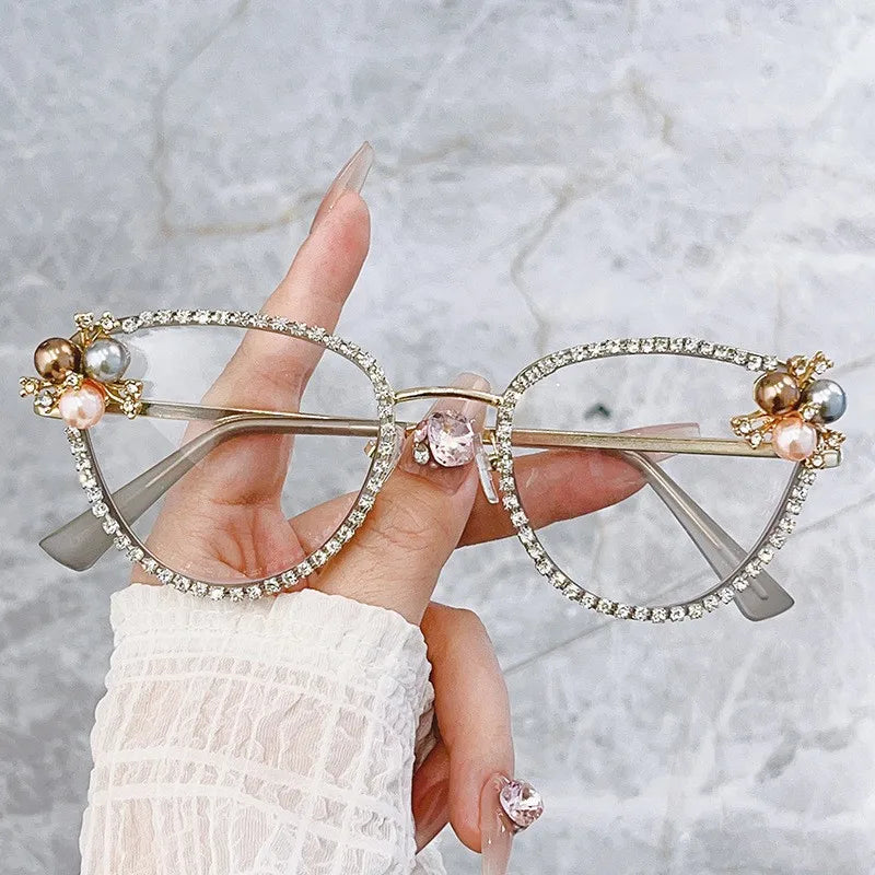 New Diamond Cat Eye Women Optical Frame Glasses Pearl Metal Anti Blue Light Eyeglasses