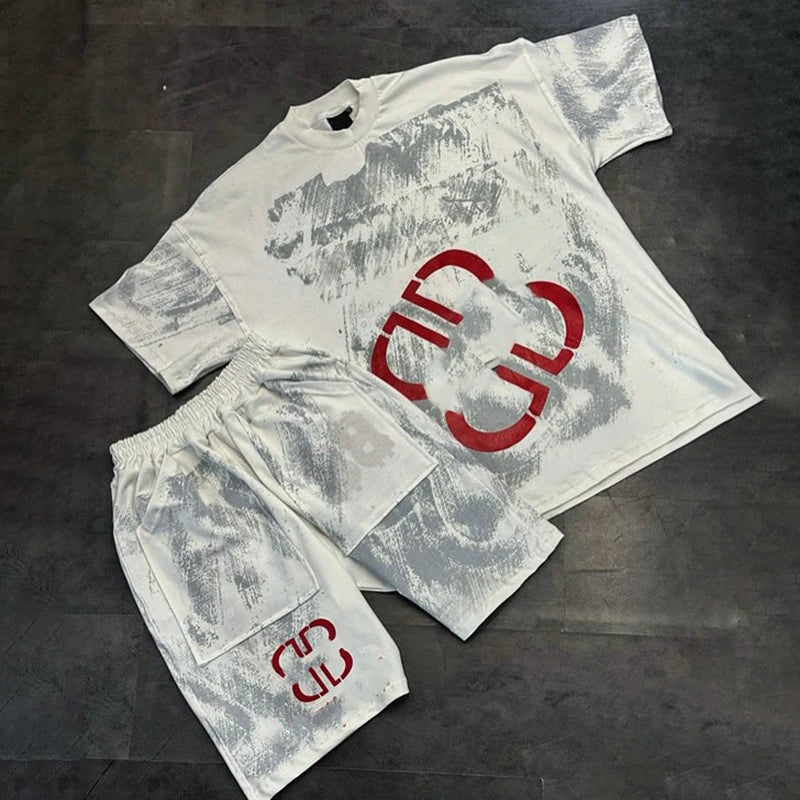 Manufacturer Custom 2 Piece Shirt and Shorts Set Dgt Printing Vintage Wash Sweat Suit Short Set for Men