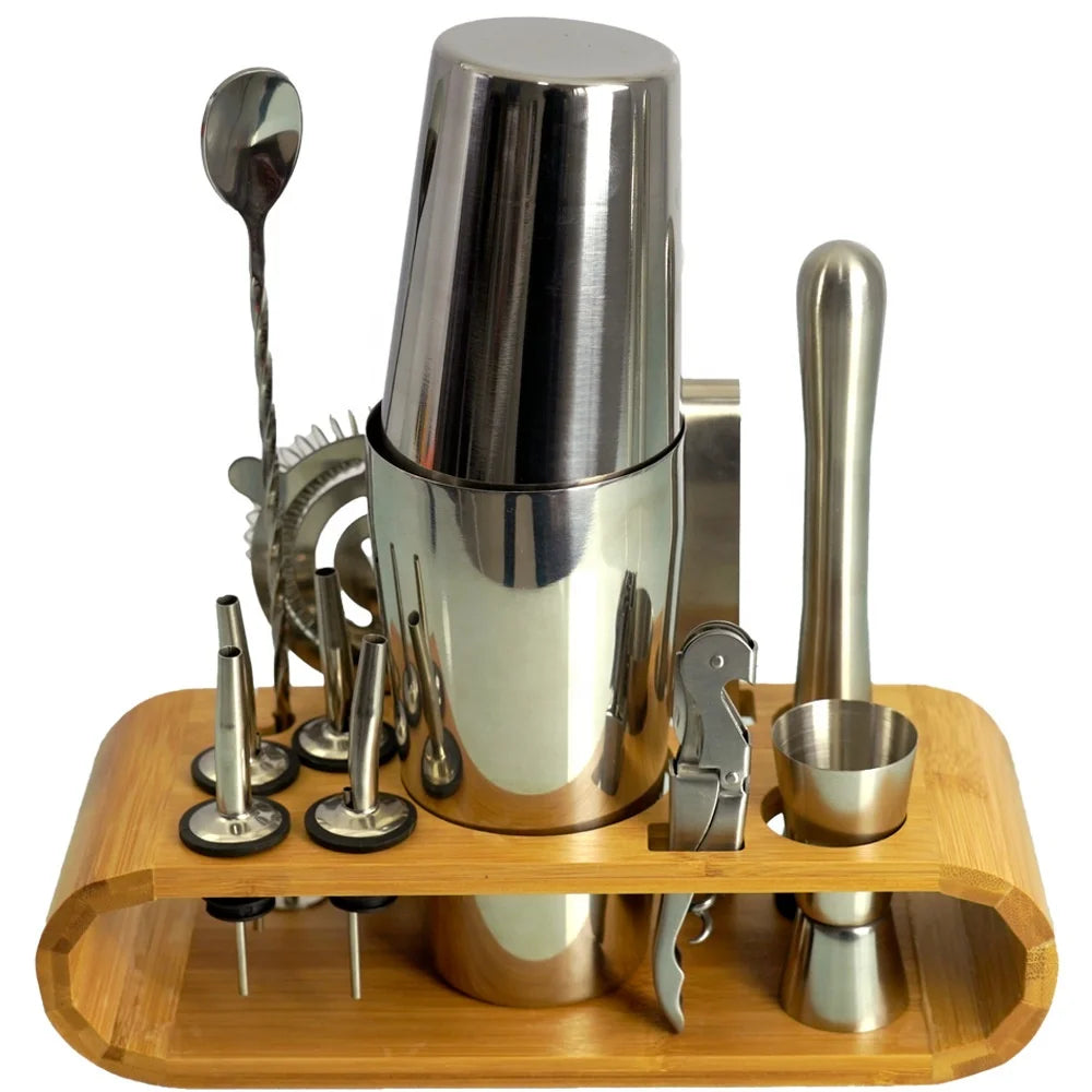 Hot Selling HX Brand Boston Cocktail Shaker Set New Design Stainless Steel Elegant Bartender Kit Bamboo Stand Premium Bar Tools