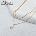 EManco Minimalist Freshwater Pearl Necklace Women Girls Gold Plated Stainless Steel Double Layer Necklace Wedding Jewelry