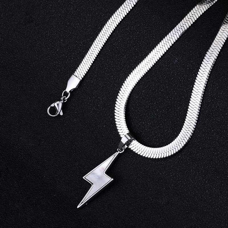 18K Gold Plated Stainless Steel Herringbone Snake Chains Shell Lightning Charm Necklace for Men Women Hip Pop