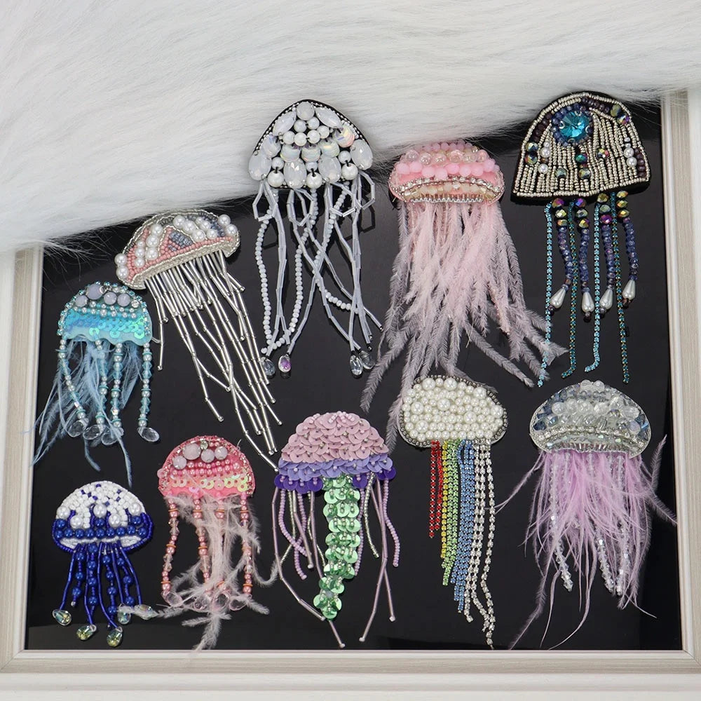 Hand-Sewn Embroidered Jellyfish Tassels PVC Fabric Patches Sew-On Style for Clothing Shoes Hats & Bags Finished Accessories