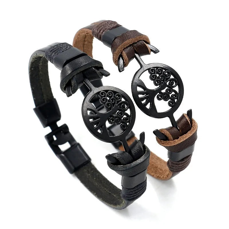 Retro Fashion Woven Lucky Black Life Tree Leather Bracelet for Men