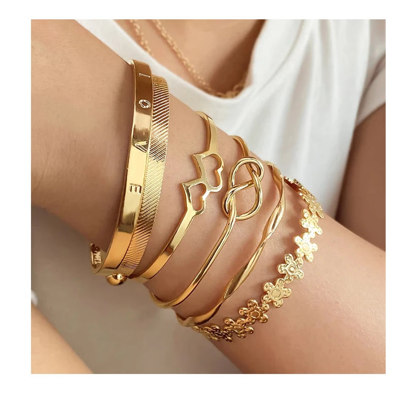 5Pcs/Set Fashion New Design Gold Color Love Letter Bracelet Set for Women Jewelry