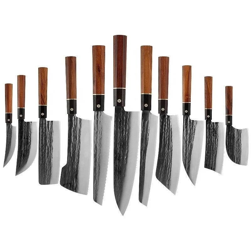2023 New 11-Piece Kitchen Knife Set Hand Forged Chef's Knife Wood Handle Disposable Stainless Steel 5Cr15Mov Tool Hammer