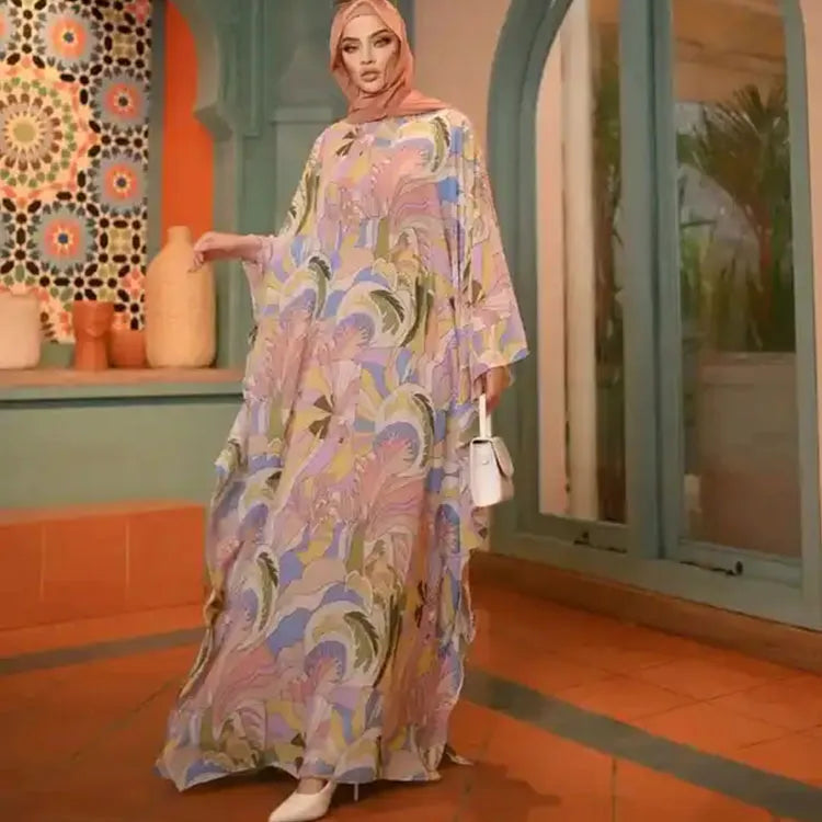 Fashion Muslim Women's Dress Elegant Long Sleeve Lace up Dress Floral Printed Dress for Dubai Arab Islamic Women's Clothing