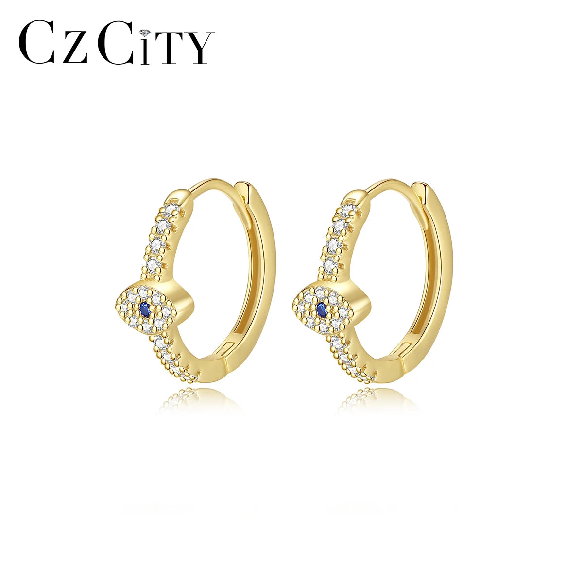 CZCITY Women Trendy Trending Gold Plated Earing Blue Eye Evil Huggies Hoop Clip on Fashion Eye Earrings