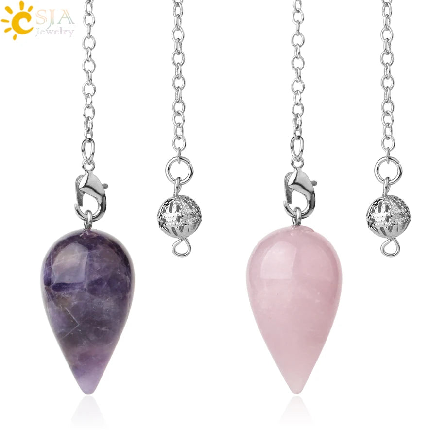 CSJA Wholesale Water Drop Healing Natural Gemstone Rose Quartz Pendulum Crystal Amethyst Pendant for Divination G399