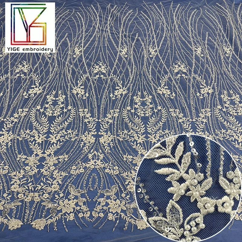 French Heavy Flower Embroidery With Sequins Pearls Lace Fabric Luxury Bridal Wedding Beaded Mesh Lace Fabric for Dresses Women
