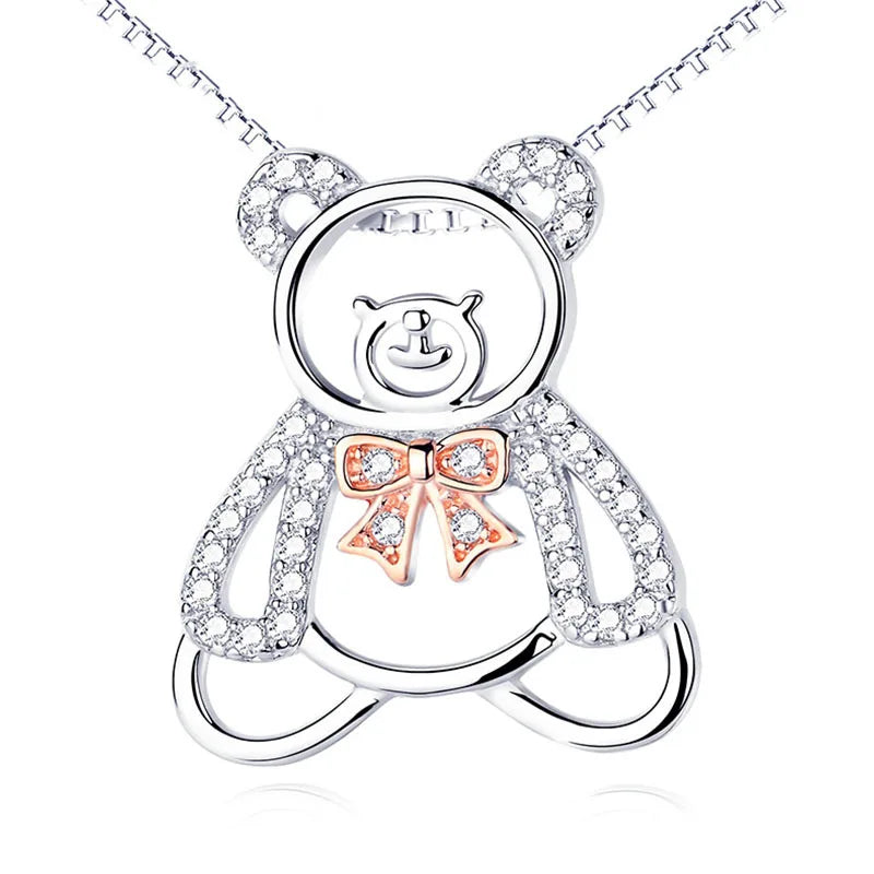 Rose Gold Plated Bear Animal  925 Sterling Silver Pendant Necklace for Women