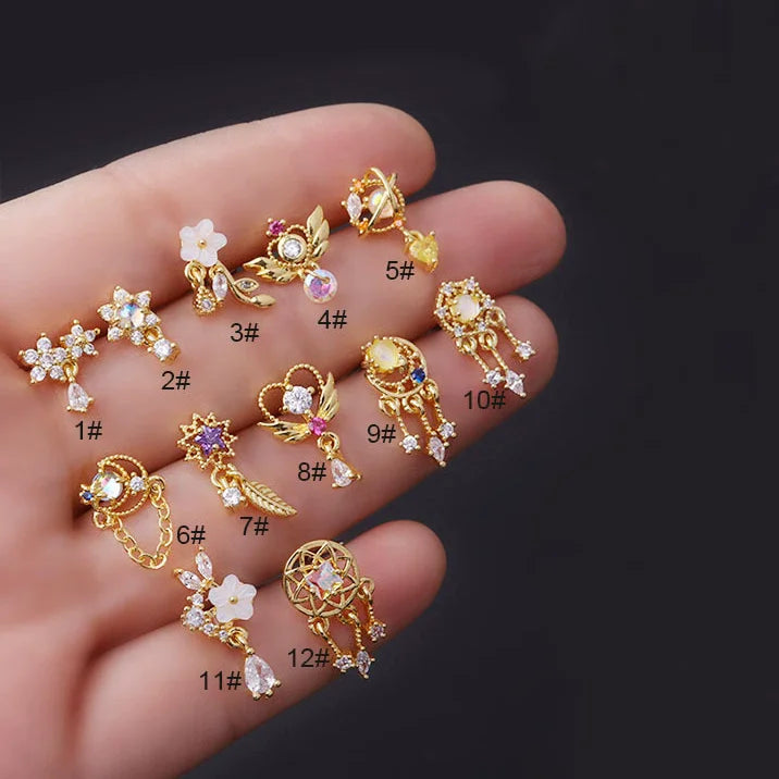 Stainless Steel L Shaped Nose Studs Flower Cubic Zirconia Nostril Bone Screw Nose Ring Piercing