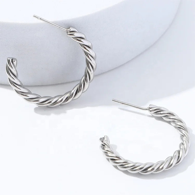 Jinyuan Vintage C Shape Twist 18K Gold Plated Stainless Steel Hoop Earrings for Women Wedding Engagement Party Gift