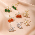 Fashion Silver Needle Gold-Plated Cherry Stud Earrings Luxury Fresh Sweet Zircon Cat Eye Stone Earrings for Women