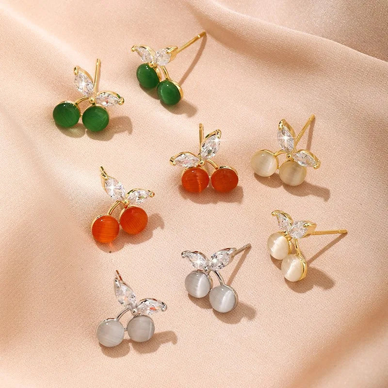 Fashion Silver Needle Gold-Plated Cherry Stud Earrings Luxury Fresh Sweet Zircon Cat Eye Stone Earrings for Women