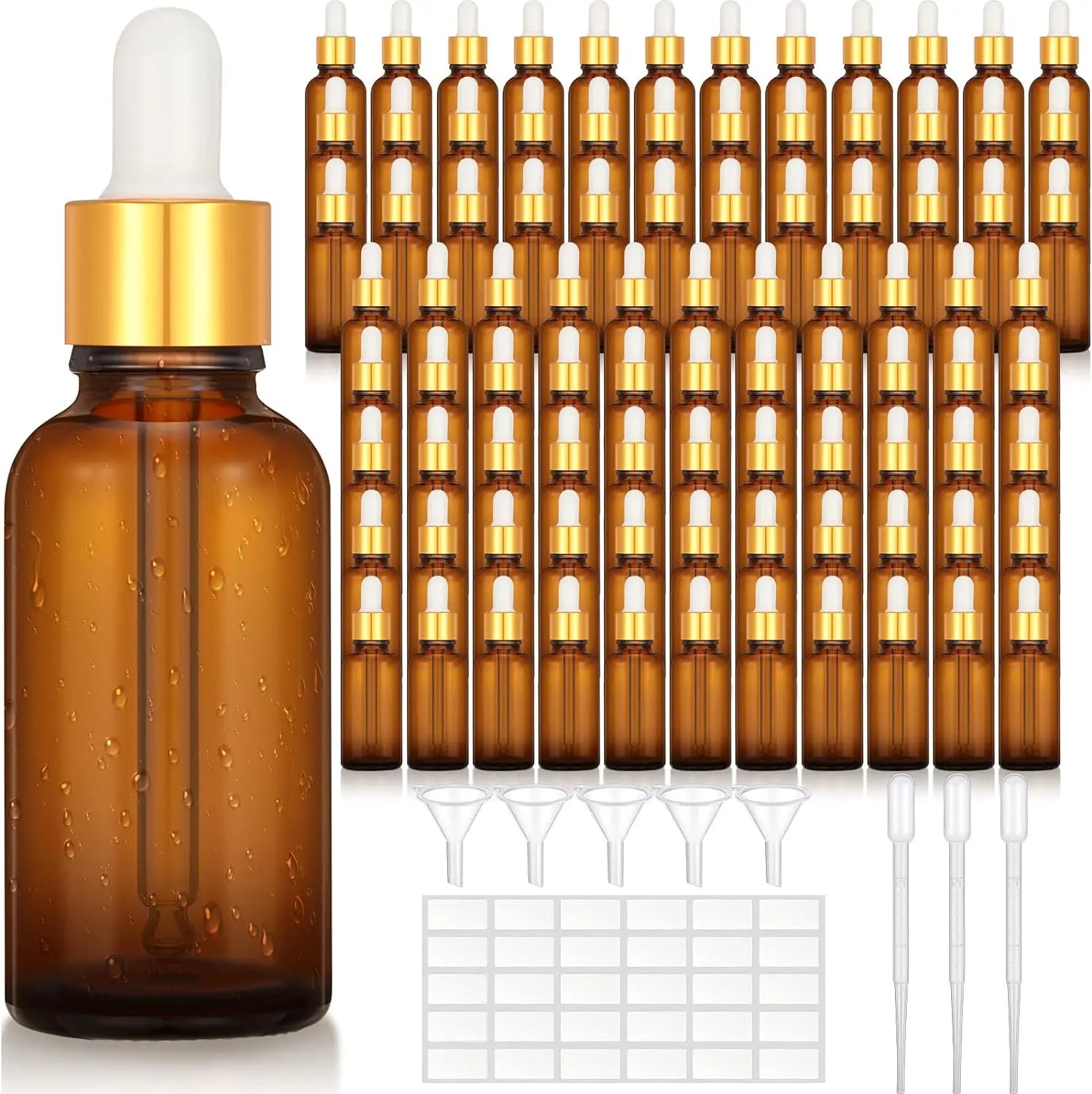 100-Piece 1oz Amber Essential Oil Dropper Bottles with Golden Caps Labels Funnels for Skin Care Serums