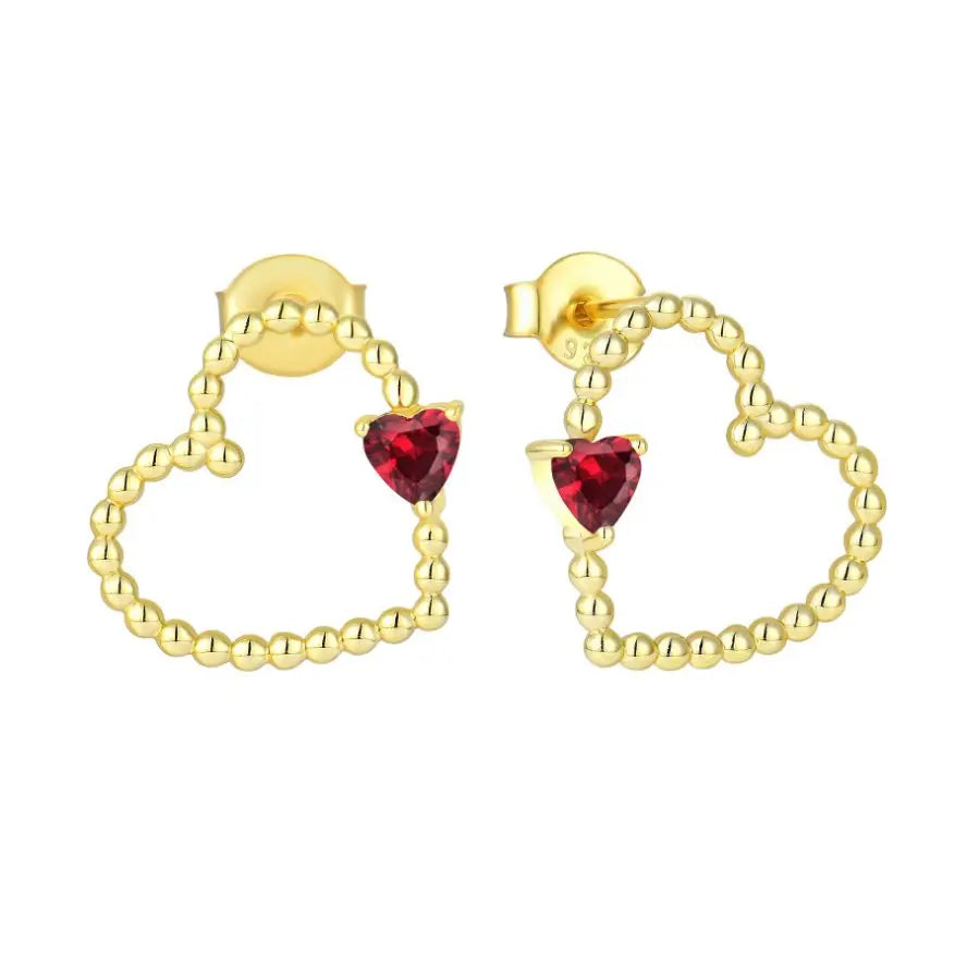 YILUN Women's 18K Gold Plated Heart Shaped Beaded Chain Drop Earrings Red Zircon Stone for Weddings Parties Gifts
