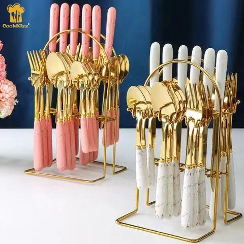 24-Piece Elegant Gold and Silver Stainless Steel Cutlery Set Wedding Spoon and Fork with Ceramic Handles Flatware Sets