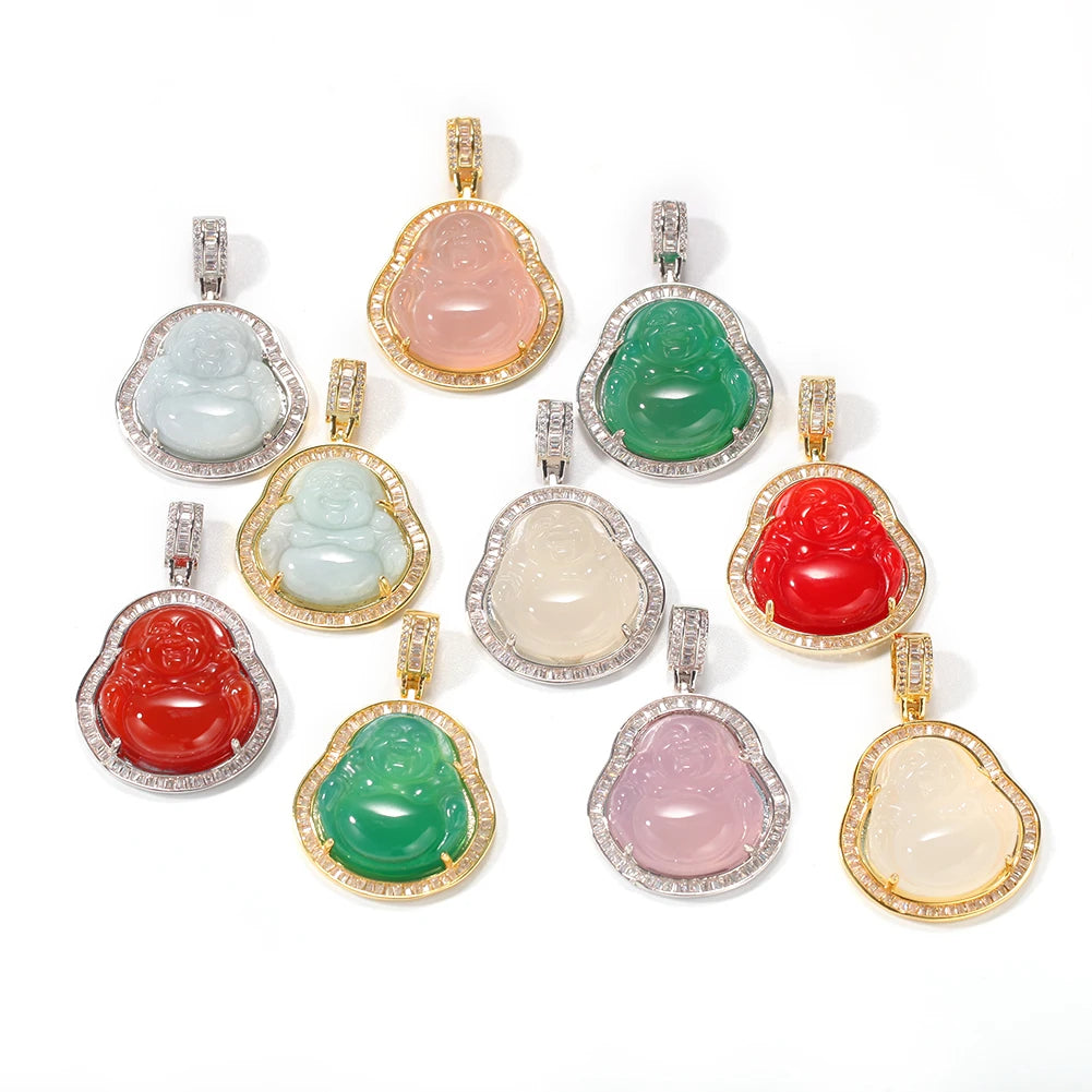 Top Icy Instagram Jewelry Wholesale Natural Gold Plated Maitreya Agate Ladies pink Jade Buddha Pendant Necklace