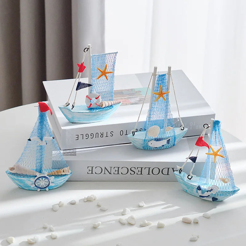 HYG07 New Nautical Crafts Eco-Friendly Wooden Mini Sailboats Ornament Mediterranean Small Boat for Desktop Decorations