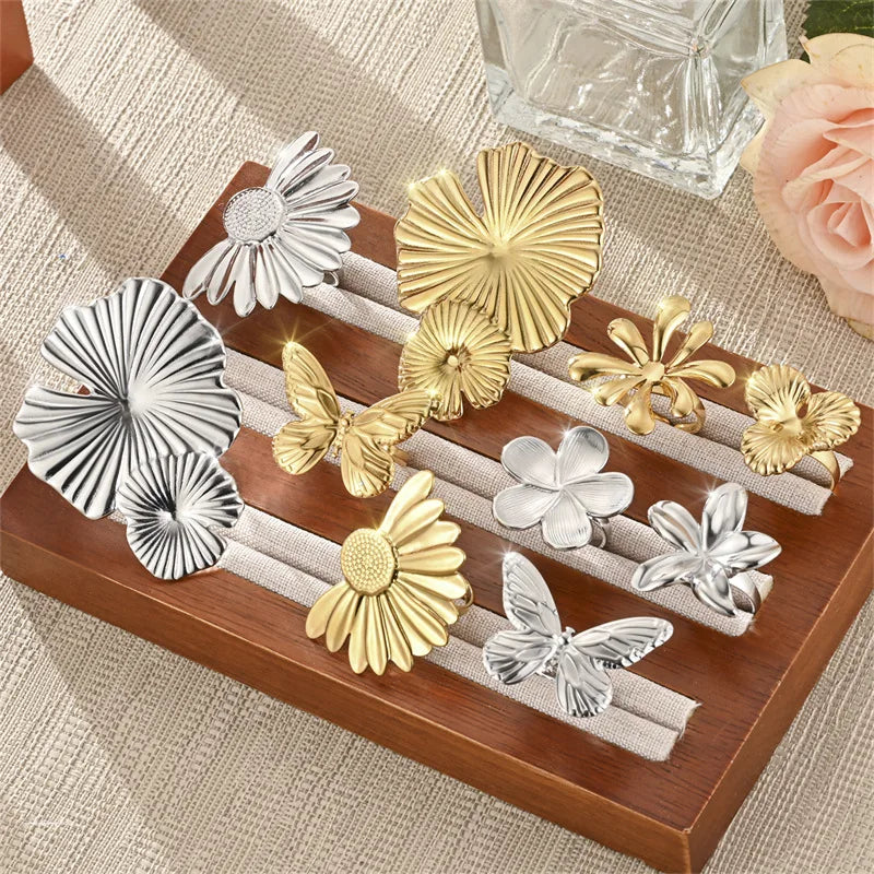 18K Gold-plated Jewelry Accessory an Open Stainless Steel Lady's Ring Cute and Romantic Flower Leaf and Small Daisy Ring
