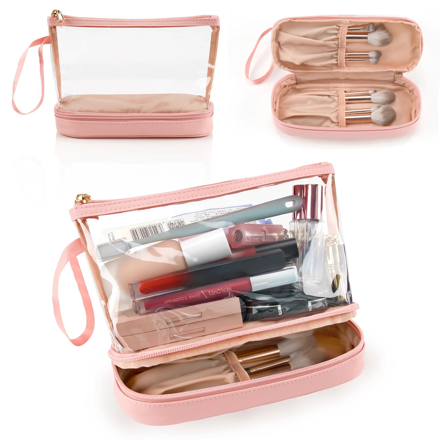 Relavel Clear Makeup Bag TSA Approved Hanging Cosmetic Pouch Pink PVC Waterproof Toiletry Bag Small Makeup Bag for Purse